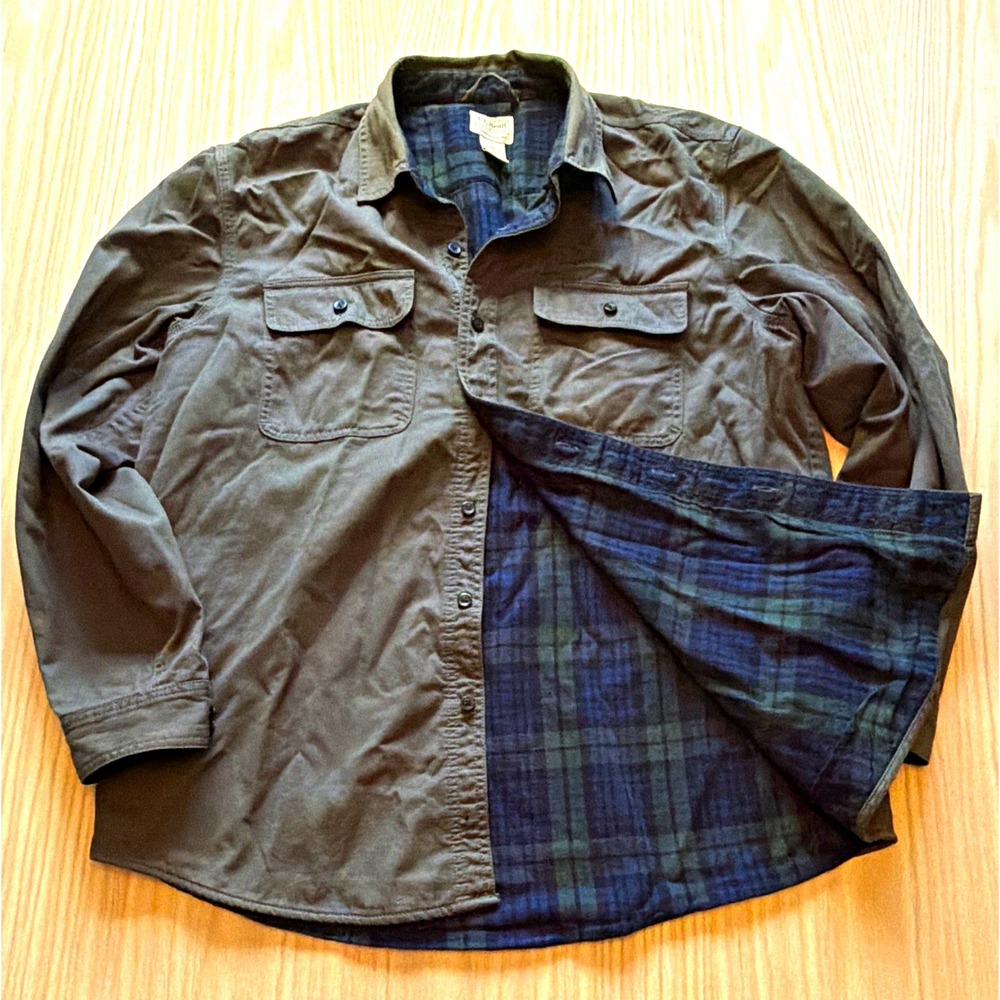 LL Bean Mens L Green Flannel Lined Hurricane Shirt Jacket 296205